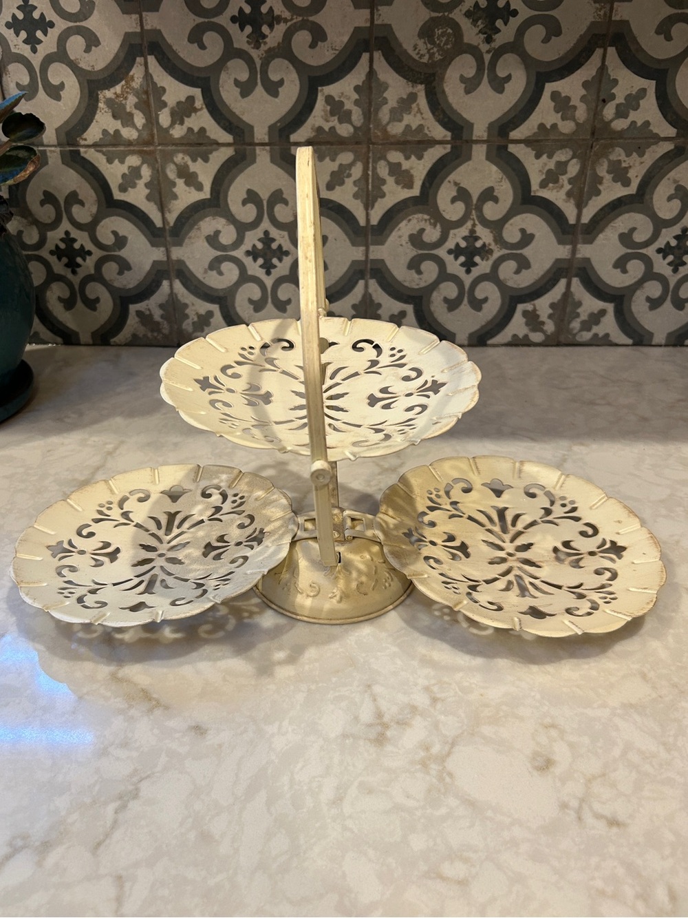Vintage 3 Tier Folding Metal Server Tray Scalloped Filagree Design- Rustic Cream